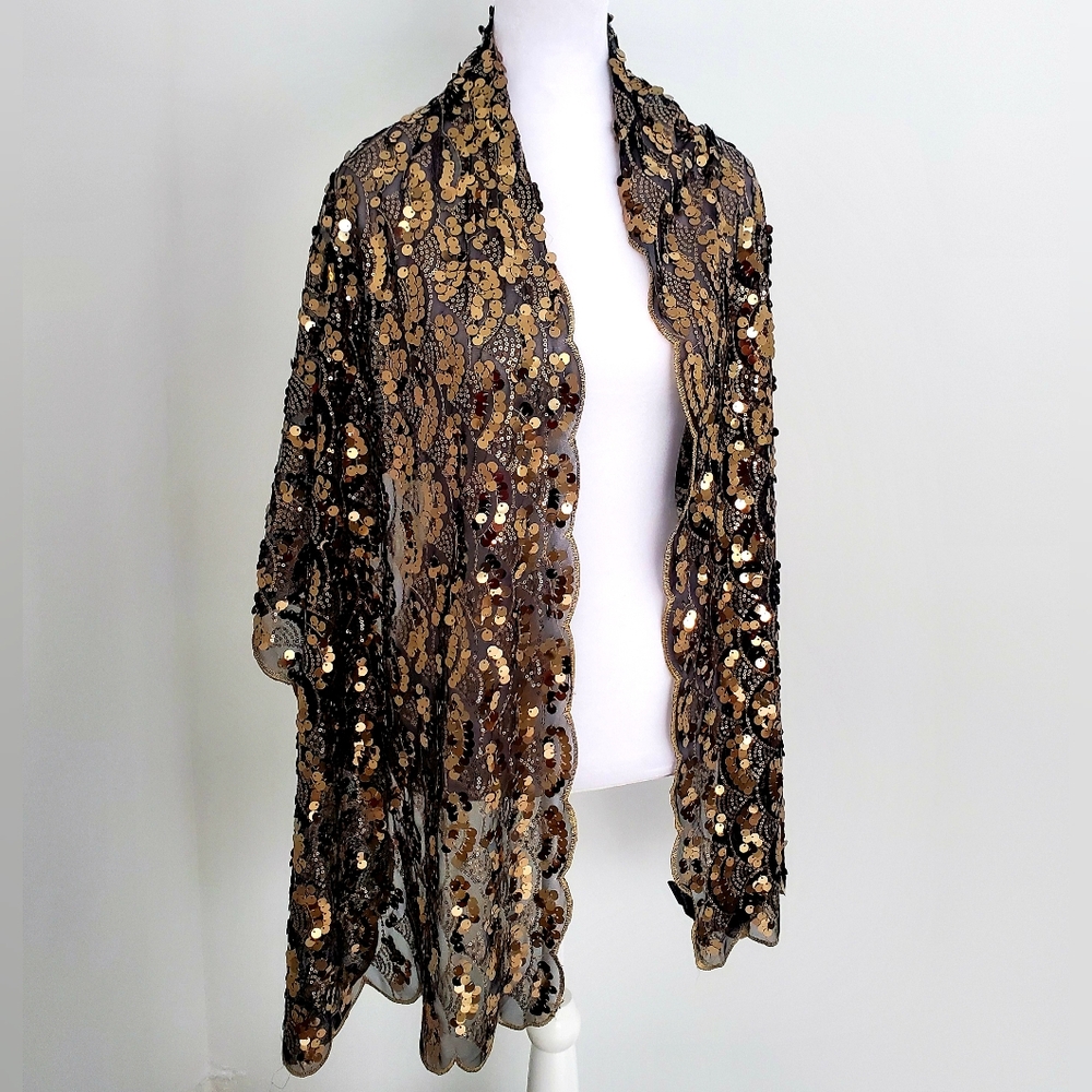 CEJON Sequined Throw Scarf Black & Gold Scalloped Trim Fish Scales Design Fairy